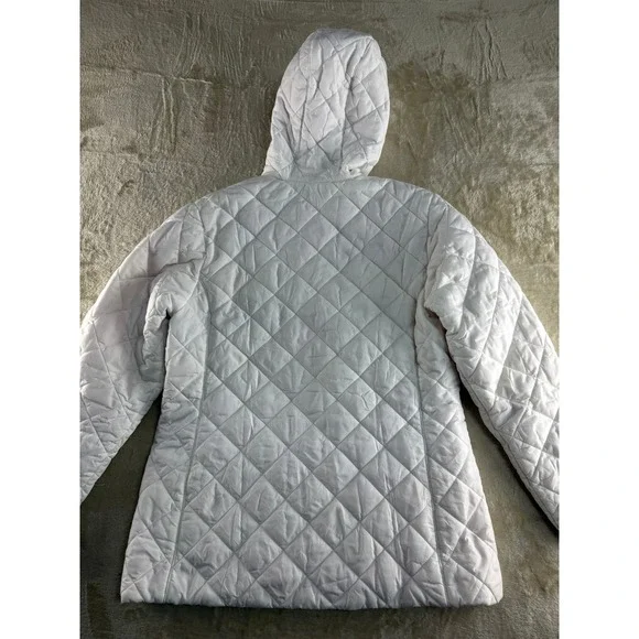Lands End Womens White Quilted PrimaLoft Hooded Puffer Jacket Pink Lining Size M - Picture 14 of 17